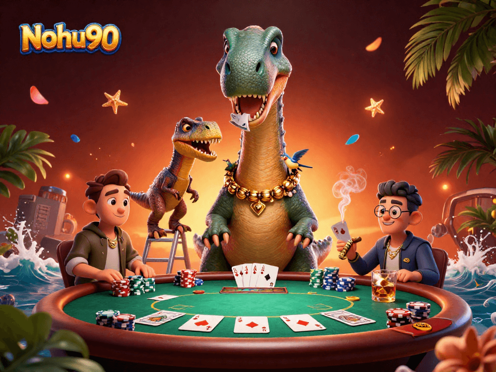 Nohu90 features a playful brontosaurus watching a poker game, surrounded by vibrant game elements.