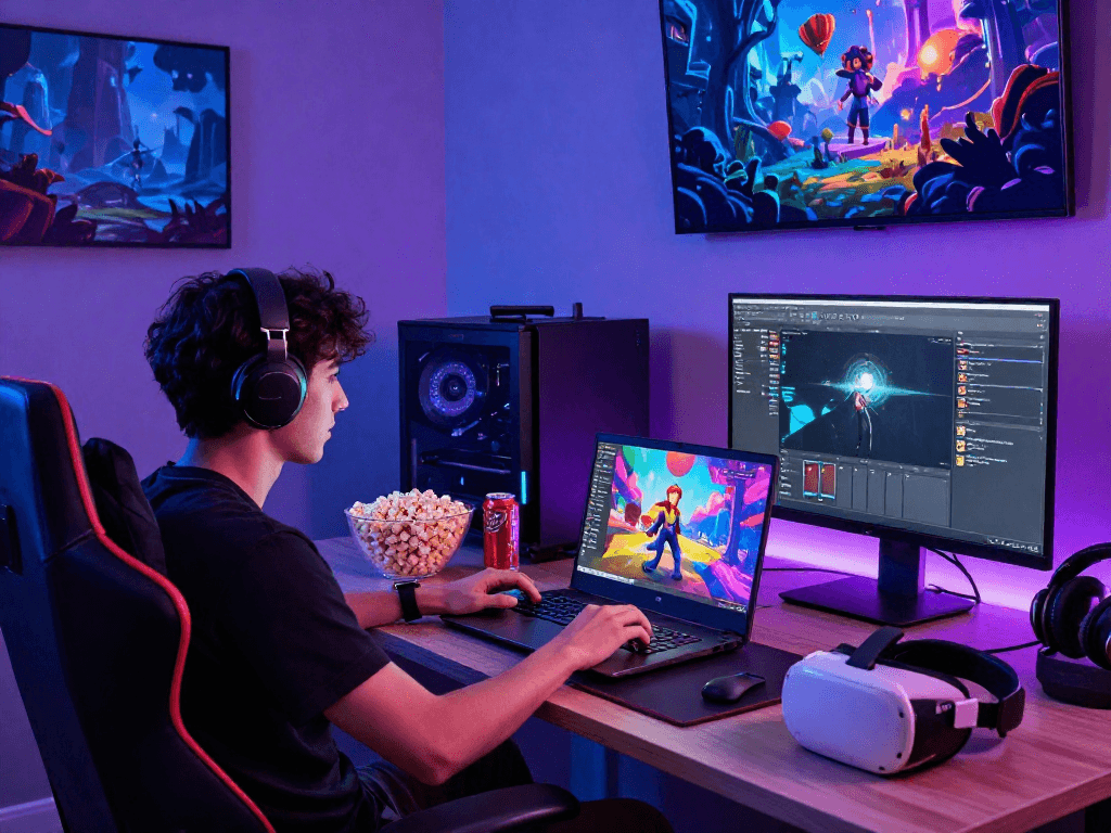 Gamer immersed in colorful adult porn ganes on laptop with vibrant atmosphere.