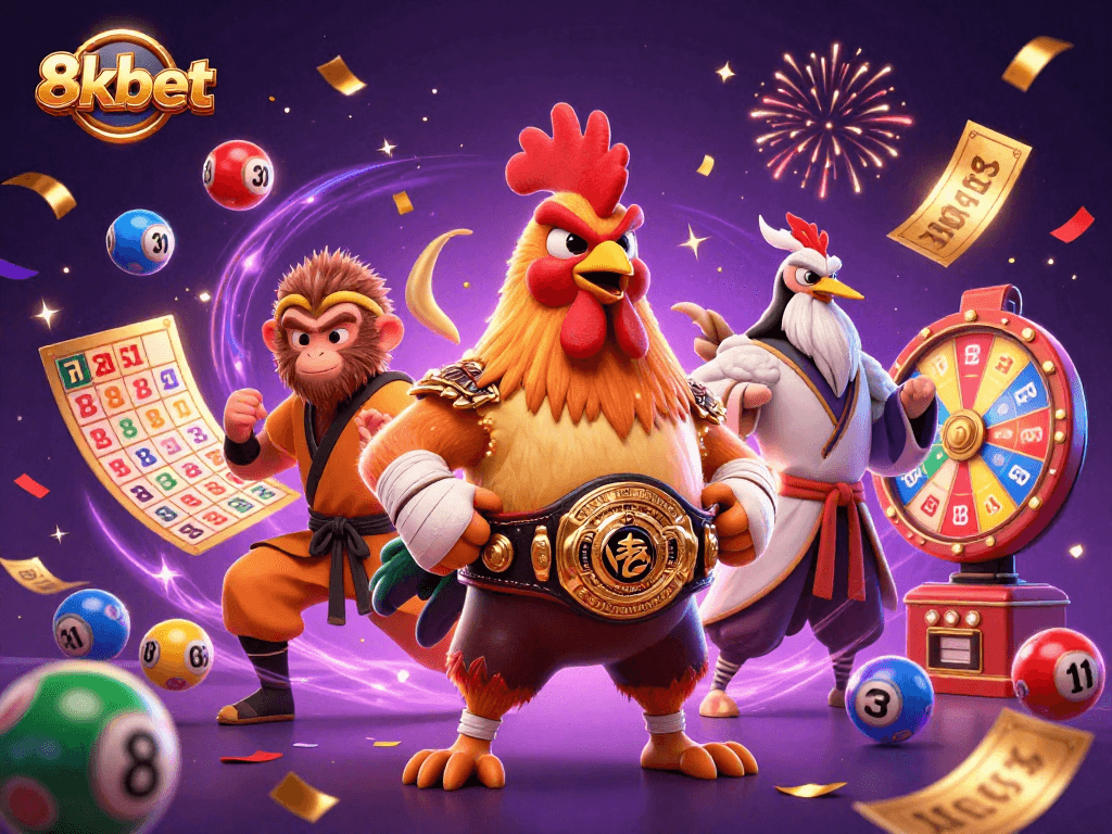 Experience the thrilling excitement of 8xbet's dynamic gaming scene with colorful lottery elements and engaging characters.