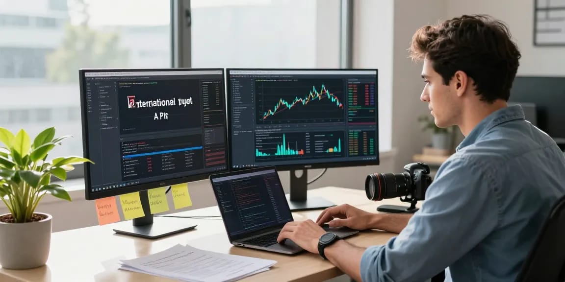 Professional developer analyzing the sugar international quote API in a modern workspace, with dual monitors displaying forex market trends and insights.