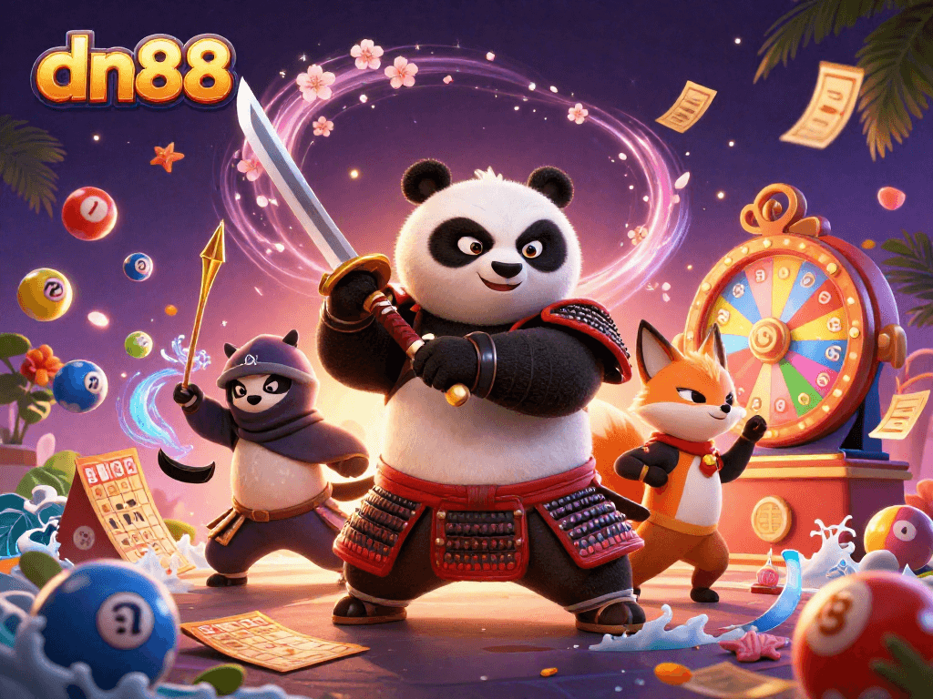 Engage with dn88 as the animated samurai panda and ninja fox surround lottery elements in a dynamic casino-themed illustration.