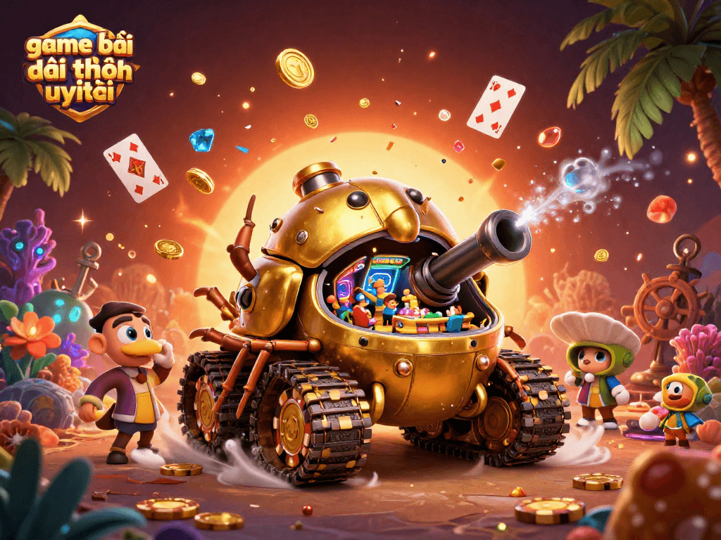 Experience game bài đổi thưởng uy tín within a vibrant 3D illustration of a casino tank bursting with coins and gems.