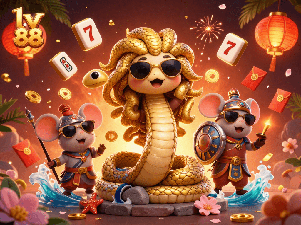 Engage with the lv 88 casino scene featuring Medusa and a warrior mouse amidst vibrant gaming elements.