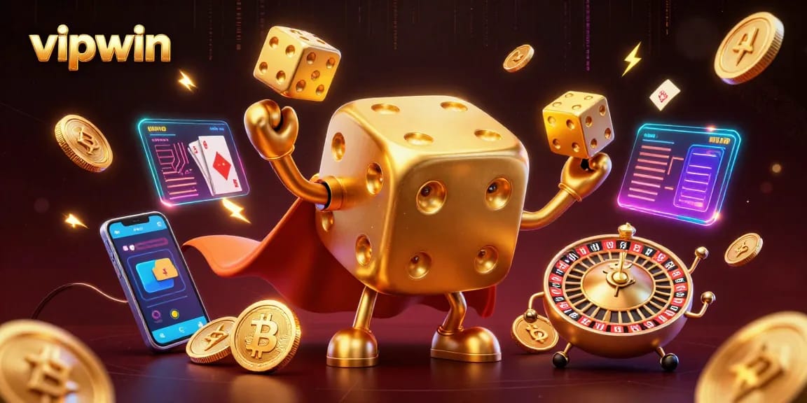 Play exciting games at vipwin with golden dice golem, surrounded by neon crypto elements and casino symbols.