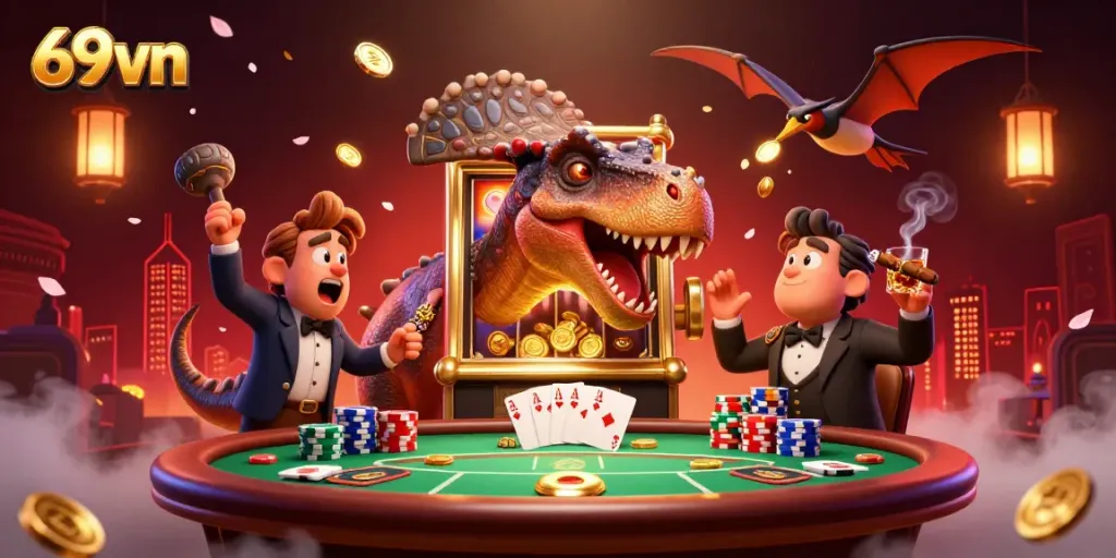 Experience thrilling gameplay at 69vn with a pachycephalosaurus hitting a golden slot machine, surrounded by poker action.