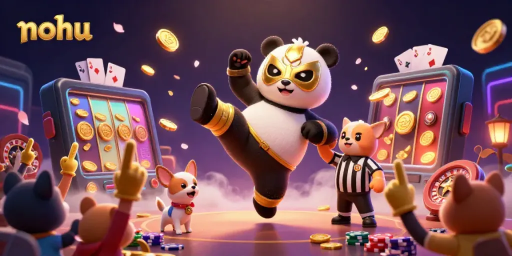 Bet big and have fun at nohu with a lively scene of a panda wrestler and animal fans cheering.