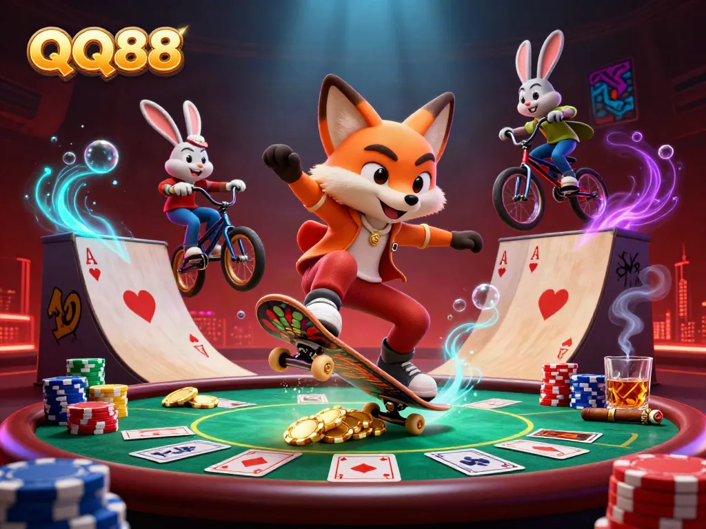 Engage with QQ88's exciting casino gaming scene featuring a skateboarding fox and BMX rabbit.