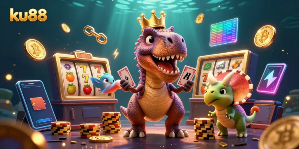 Experience thrilling action at ku88 as a T-Rex plays cards with glowing crypto elements.