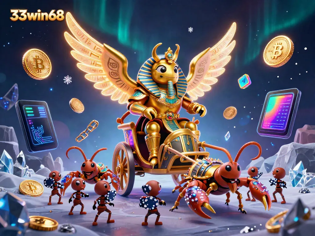Engage with the dynamic world of 33win68, featuring a golden scarab beetle, scorpions, and poker chips.