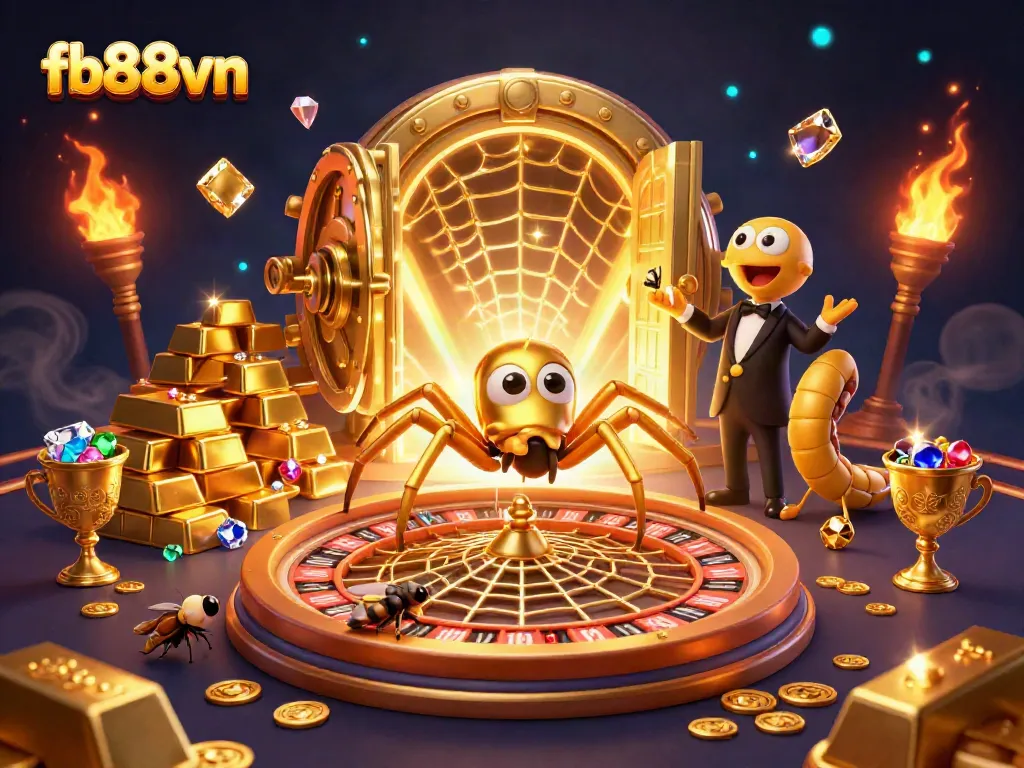 Spin the roulette wheel with fb88vn's thrilling gaming experience featuring a golden spider and a centipede croupier.