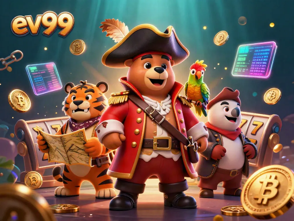 Experience thrilling slots with ev99's pirate-themed 3D illustration, featuring vibrant casino elements.