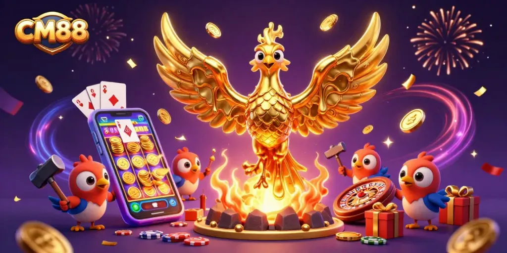 Spin and win with CM88's golden phoenix amidst casino games in a vibrant celebration scene.