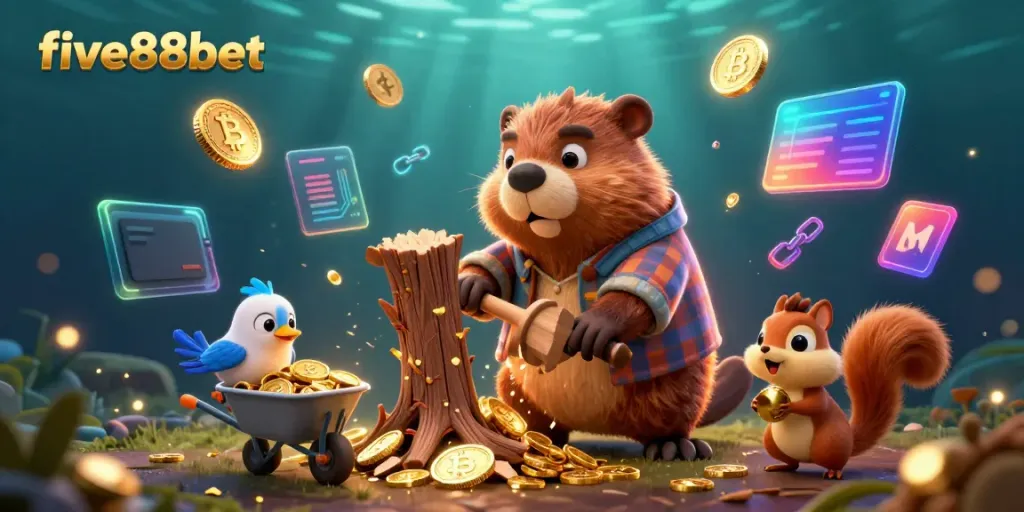 Experience thrilling wins with five88bet as a beaver collects golden coins in a vibrant casino scene