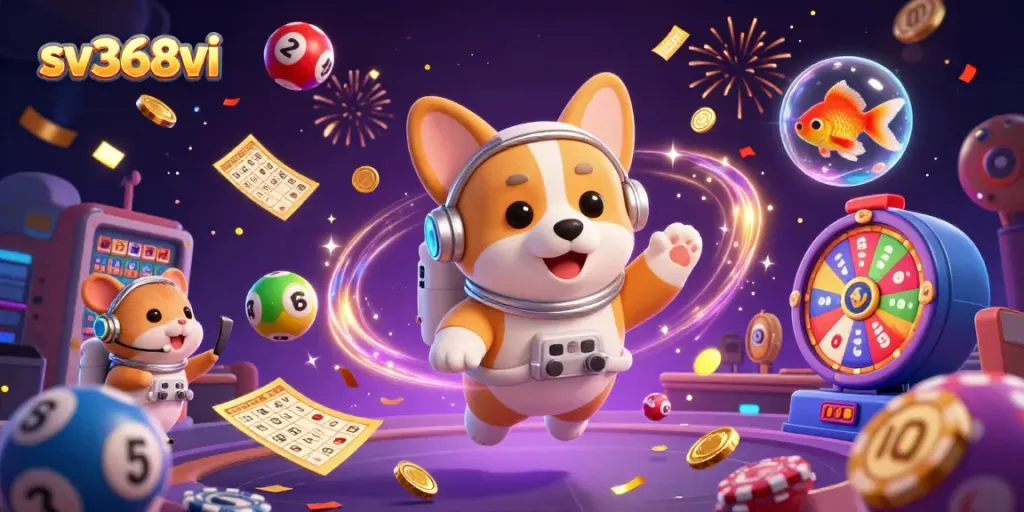 Experience excitement with sv368vi as a corgi astronaut navigates a vibrant casino in zero gravity.