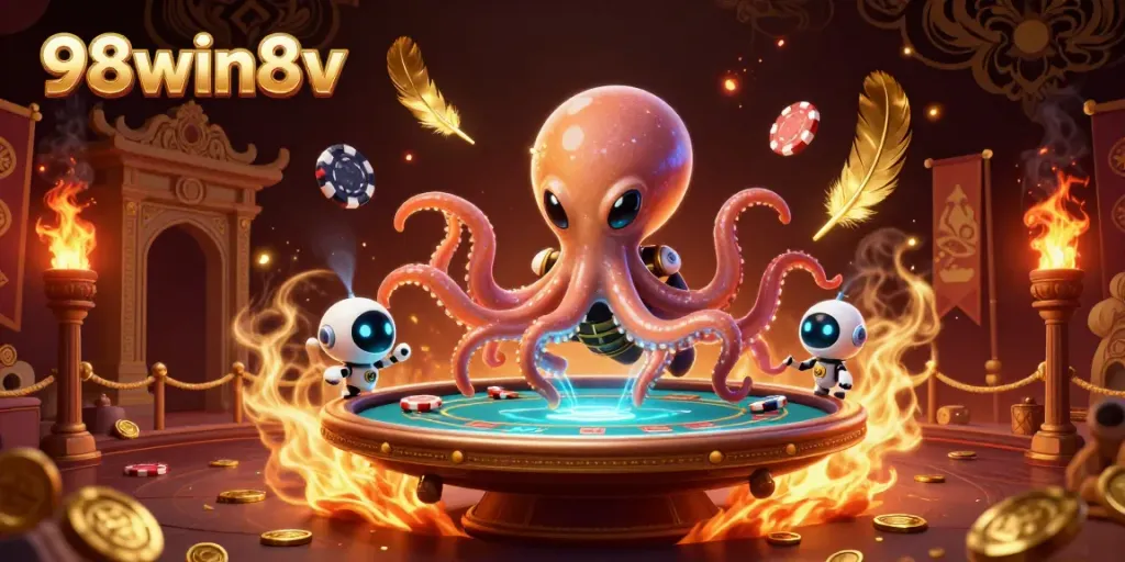 Experience fun at 98win8v with an exciting 3D casino scene featuring an alien octopus and poker elements.