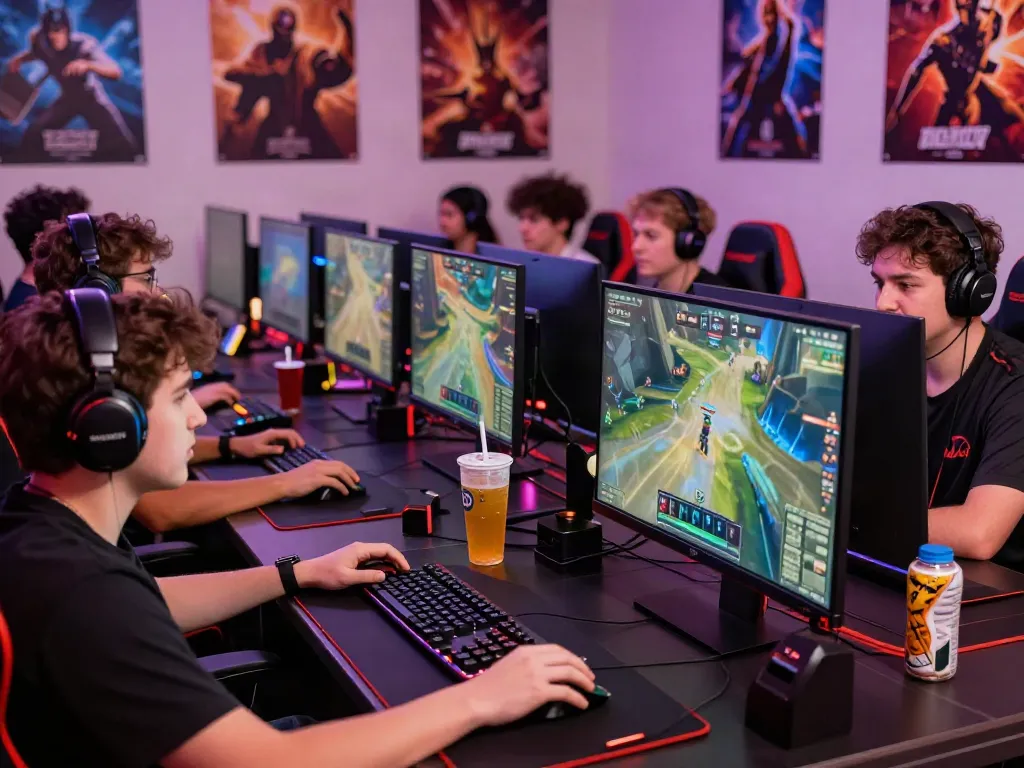 Intense gaming scene at https://ku88vt.com/ featuring players immersed in an esports match with vibrant lighting and high-tech equipment.