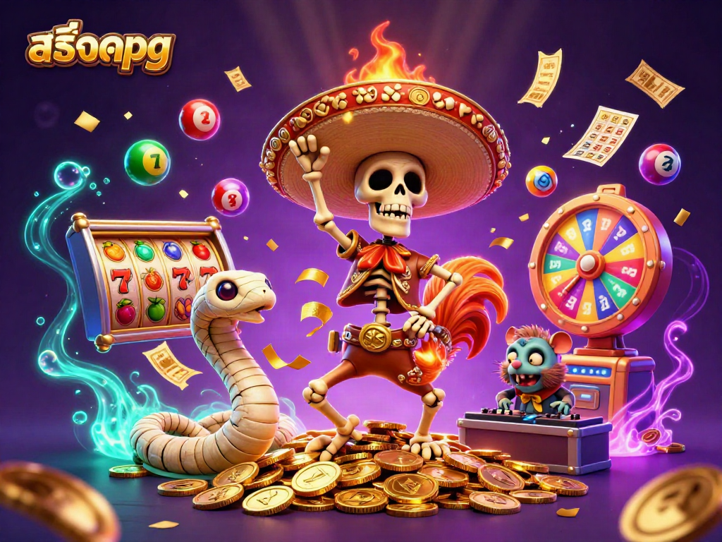 Engage with สล็อตpg as the skeleton mariachi rooster dances on gold coins in a vibrant casino scene.