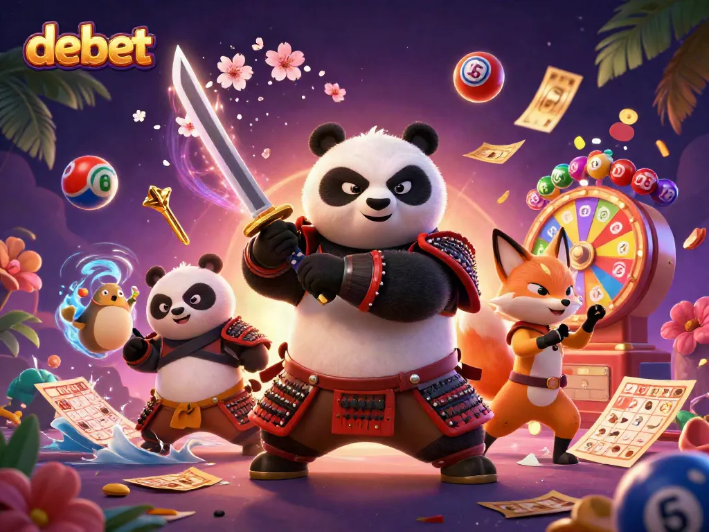 Engage with Debet's dynamic lottery scene featuring animated characters and vibrant casino elements.
