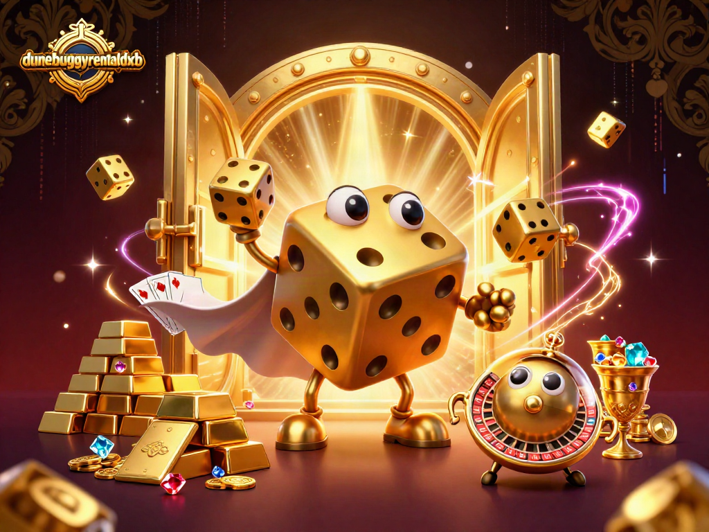 Experience exhilarating wins with dunebuggyrentaldxb's vibrant golden dice and treasure-filled scene.