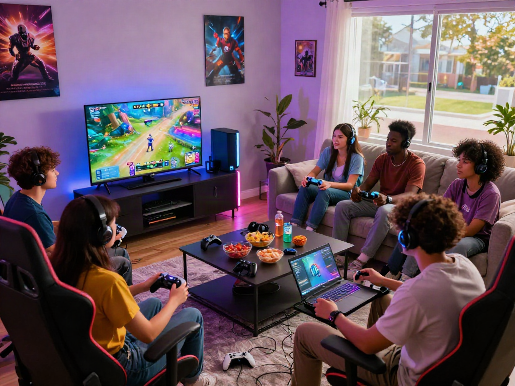 Friends enjoying a lively gaming session with engaging porn games in a cozy living room.