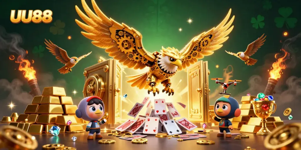 Experience thrilling gameplay at uu88 with a cybernetic eagle soaring over a virtual treasure vault filled with gems and gold.