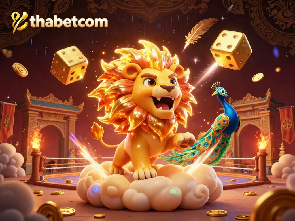Engage with thabetcom's dynamic casino scene featuring roaring sun lion, golden dice, and betting elements.