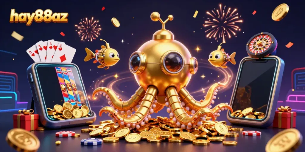 Experience thrilling gameplay with hay88az's vibrant cartoon kraken submarine and golden coins.