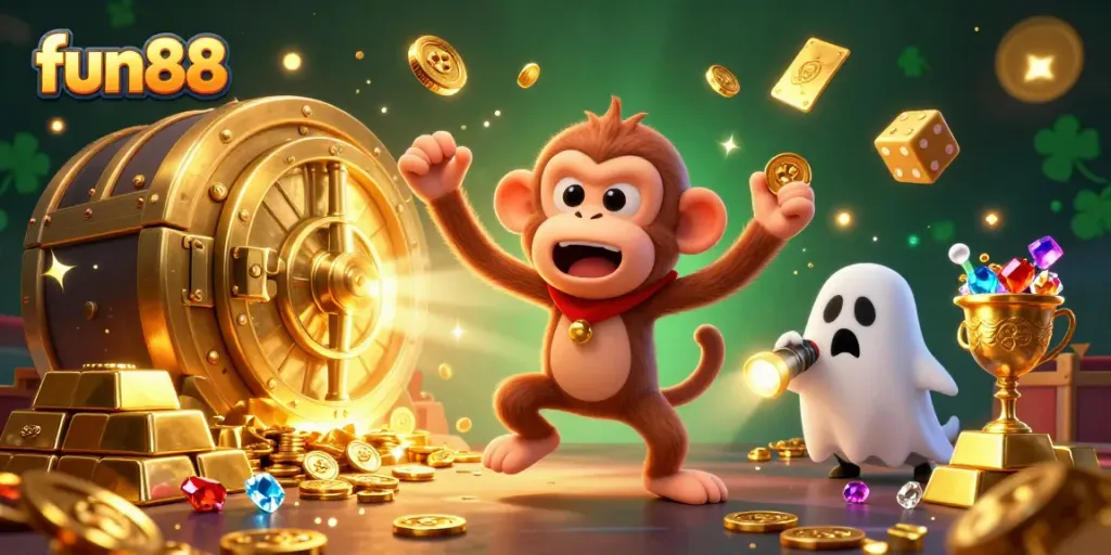 Engage with fun88 by exploring a lively haunted casino scene featuring playful characters and golden treasures.