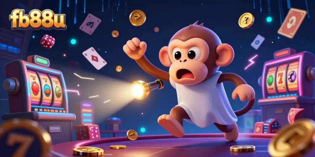 Engage with the dynamic gaming world at fb88u, featuring a mischievous monkey and a ghost-hunter puppy in a haunted casino.