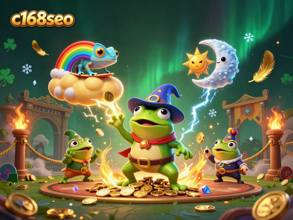 Join the fun with c168seo as the wizard frog conjures gold coins in a vibrant casino scene.