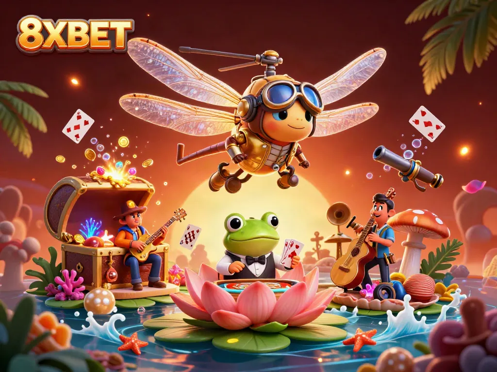 Engage with 8XBET's vibrant casino atmosphere featuring characters in a whimsical 3D illustration.