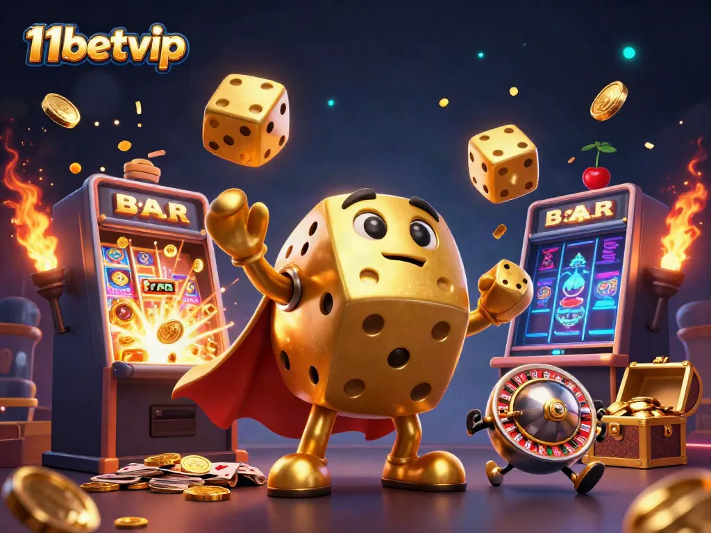 Experience exciting gaming action at 11betvip with vibrant golden dice and a jackpot explosion!