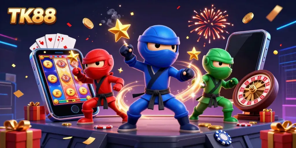 Experience the vibrant gaming scene of TK88 with chameleon ninjas amidst thrilling casino elements.