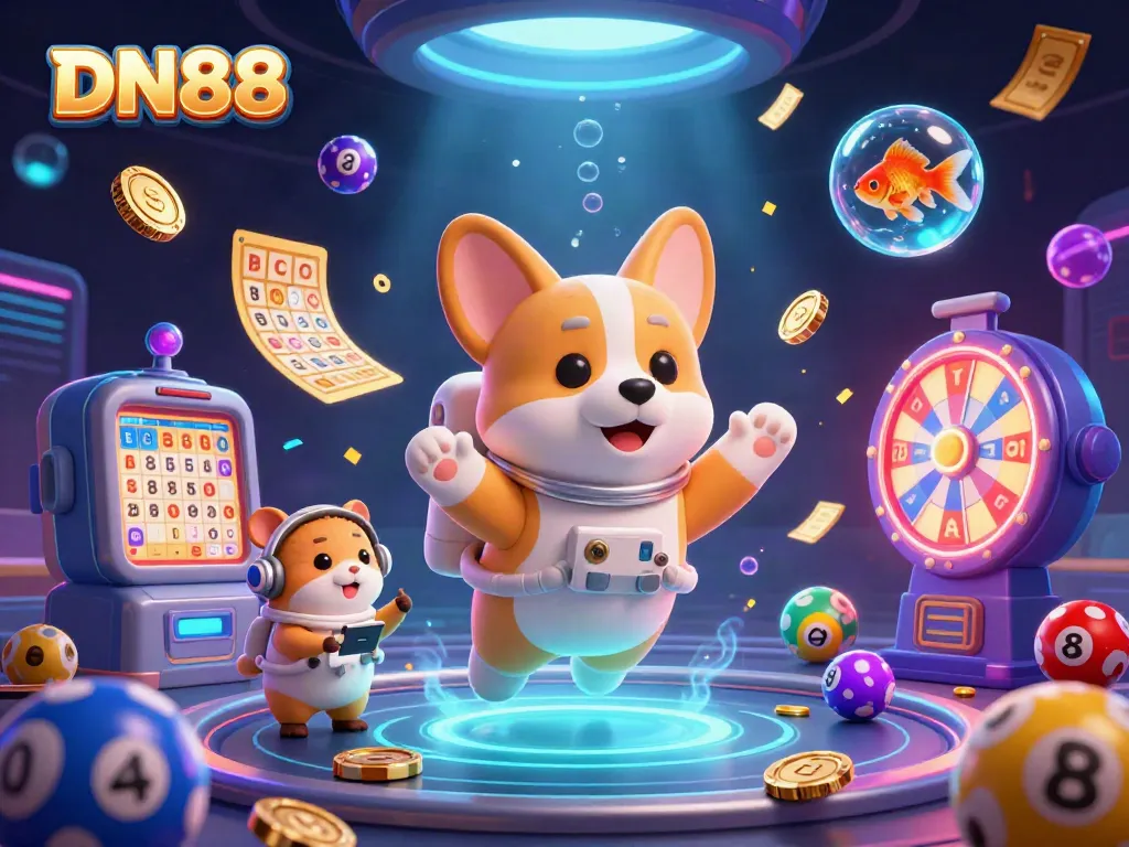 Experience the vibrant gamescape of DN88 with a playful astronaut corgi and casino elements in a zero-gravity casino scene.
