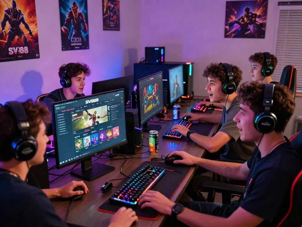 Excited gamers engaging on the SV88 platform, showcasing dynamic room lighting and gaming setup.