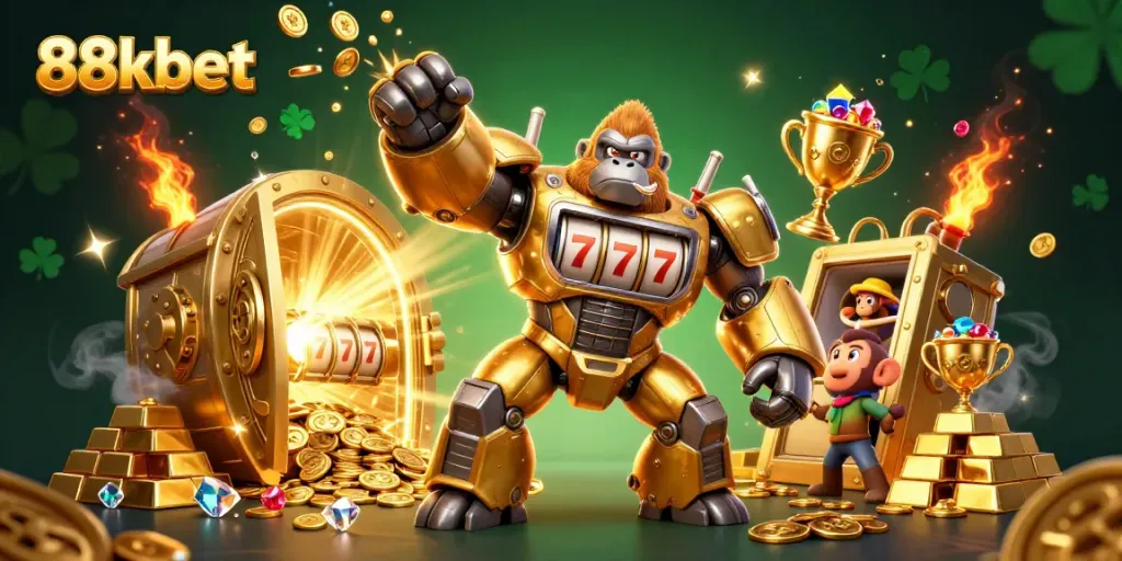 Experience the thrill at 88kbet with a dynamic scene of a golden gorilla mech and fortune elements.
