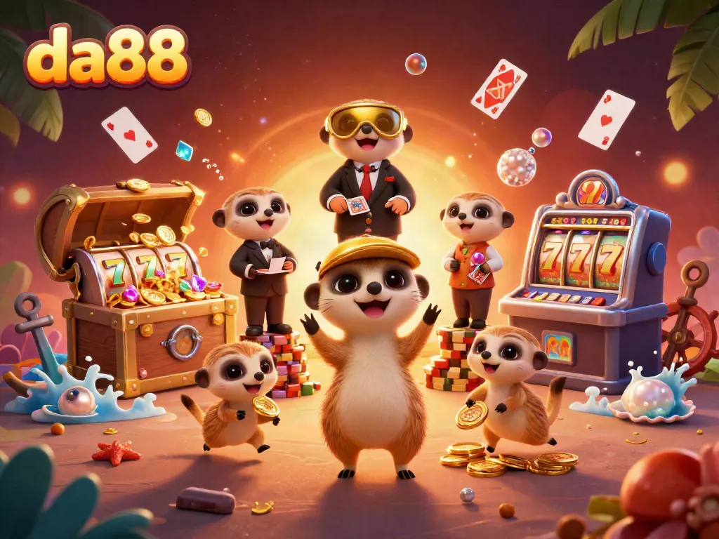Engage with da88's vibrant casino scene featuring meerkats managing games and winning jackpots.