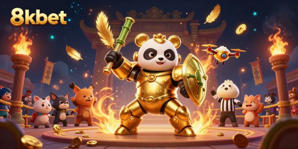 The colorful fighting arena features an animated panda in a mech suit for 8kbet, surrounded by cheering animal spectators.