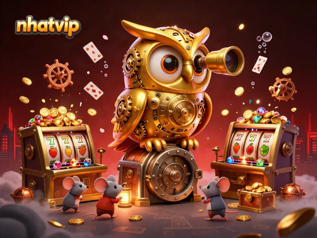 Nhatvip showcases an immersive casino scene with a golden owl, tiny mice, and dynamic slot machines.