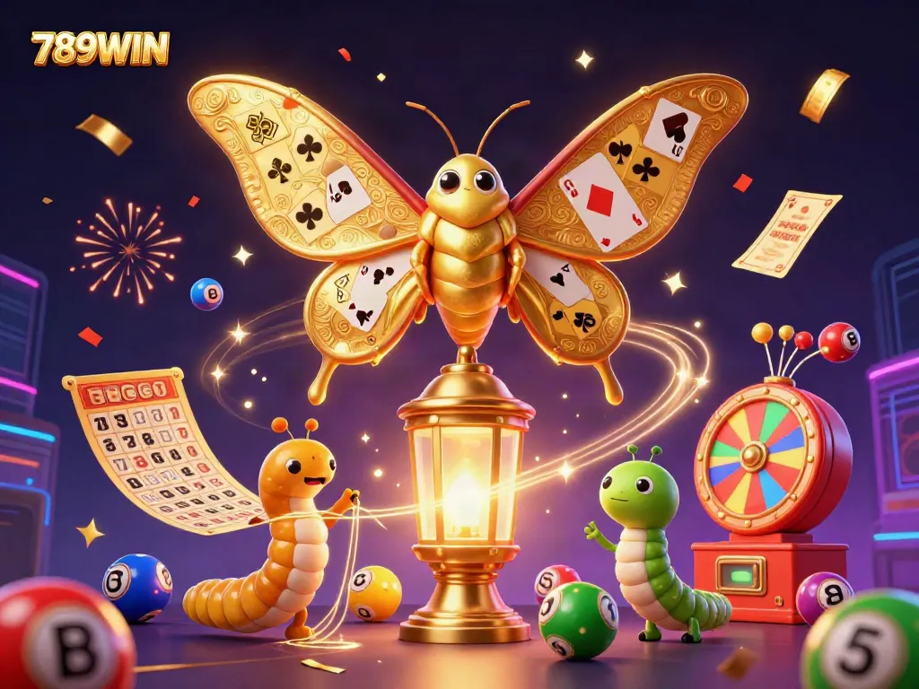 Experience the enchanting world of gaming with 789WIN, featuring vibrant casino elements and a stunning moth character.