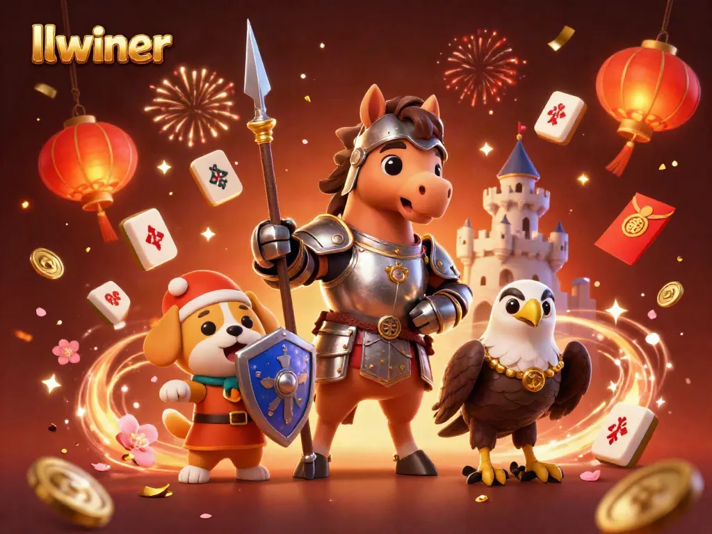 Engage in gaming action with the llwiner logo amidst knights and festive casino elements.