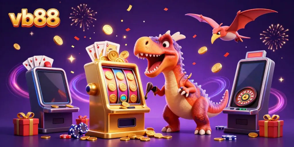 Experience vb88's thrilling jackpot as a cartoon dinosaur hits a golden slot machine surrounded by casino excitement.