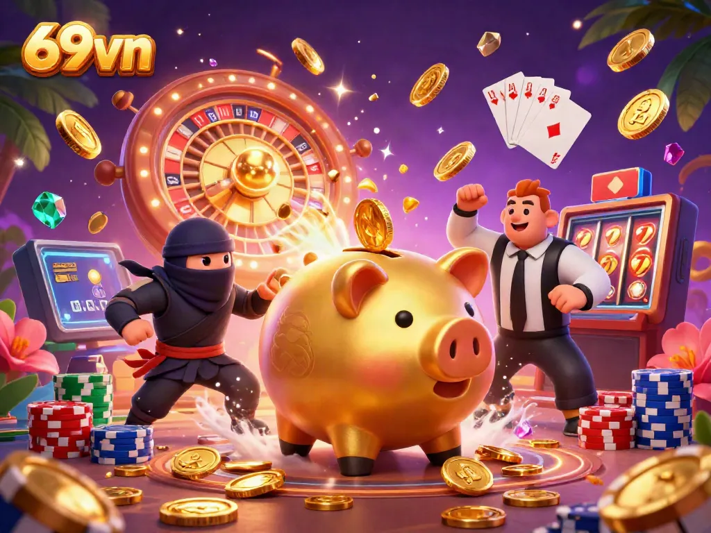 Experience the thrill of winning at 69vn with dynamic characters and casino elements in a vibrant scene.