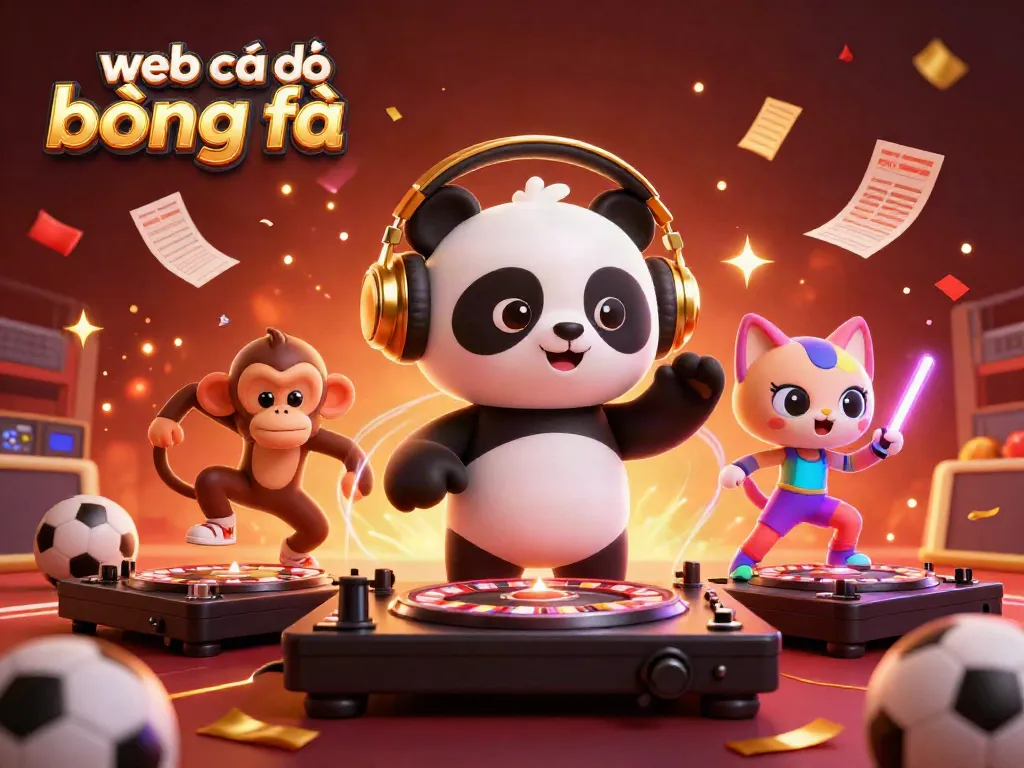 Experience vibrant web cá độ bóng đá action with a DJ panda, breakdancing monkey, and rave kitten in this festive scene.