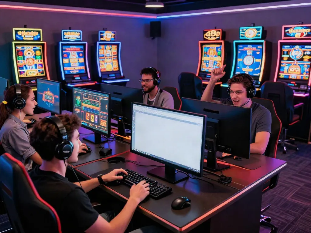 A80 online gaming scene with friends enjoying thrilling casino games, vibrant atmosphere and dynamic gaming elements.