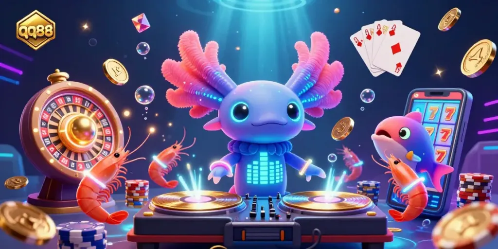 Engage with qq88’s vibrant underwater casino scene featuring neon cartoon characters and dazzling game elements.