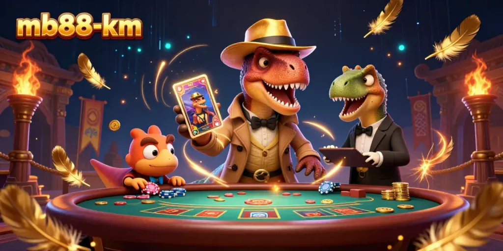 mb88-km showcases a velociraptor card counter at a blackjack table, surrounded by gold coins and vibrant casino elements.