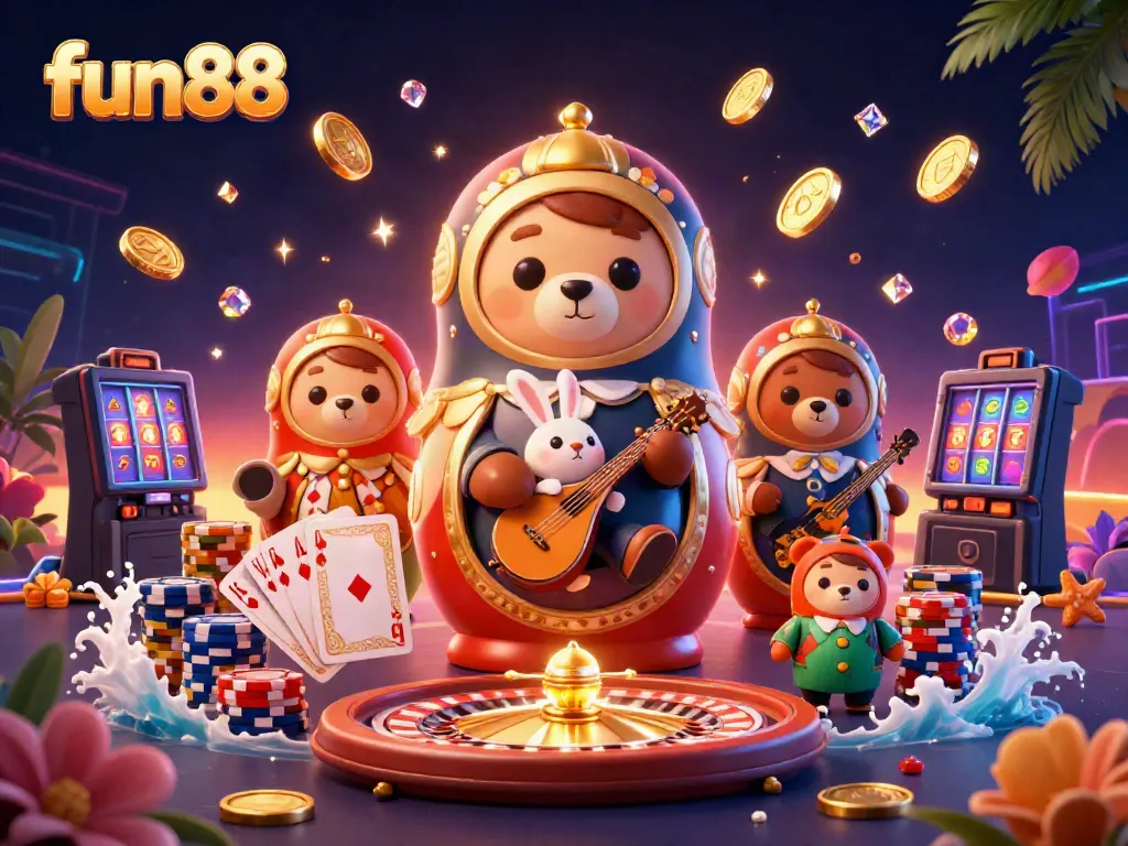 Win at fun88 with a vibrant casino scene featuring Matryoshka bears and dynamic game elements.