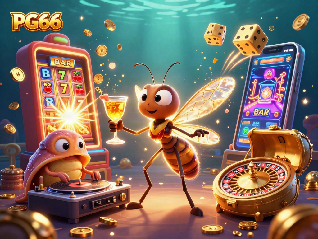 PG66 engages players with vibrant cartoon casino scene, featuring a treasure chest, golden dice, and lively characters.