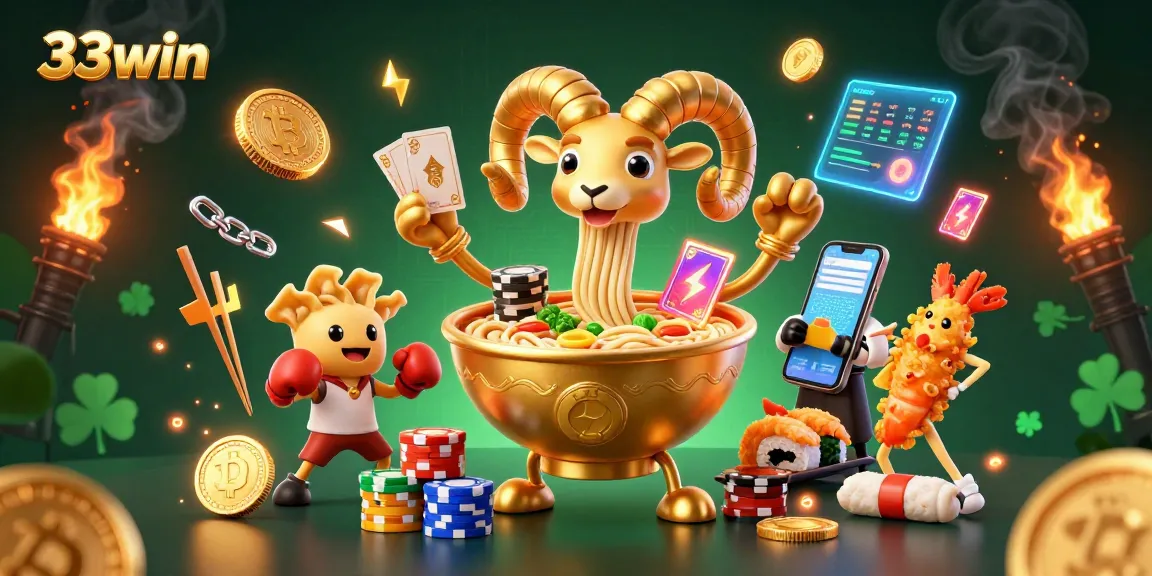 Engage with 33win in a vibrant casino scene featuring a golden ramen bowl and crypto elements.